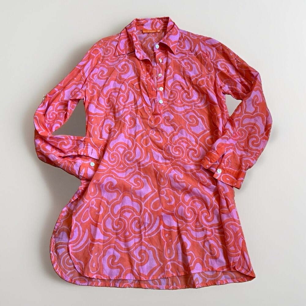 Oliphant Tunic Top M Coral Pink Print Cotton Lightweight Coastal Beach